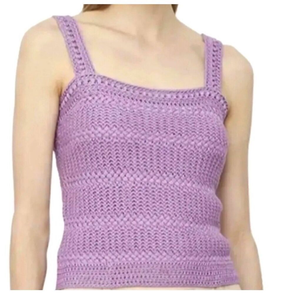 Vince Crochet Square Neck 100% Organic Cotton Cropped Tank in Lavender NWT Size